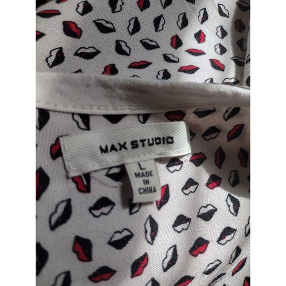 Libs print Top BLouse Max Studio Women's Short Sleeve Cream Black V-Neck Size L - Picture 8 of 9